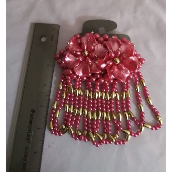 Pink Floral Hair Clip Barrette With Beaded Tassels - Picture 3 of 4